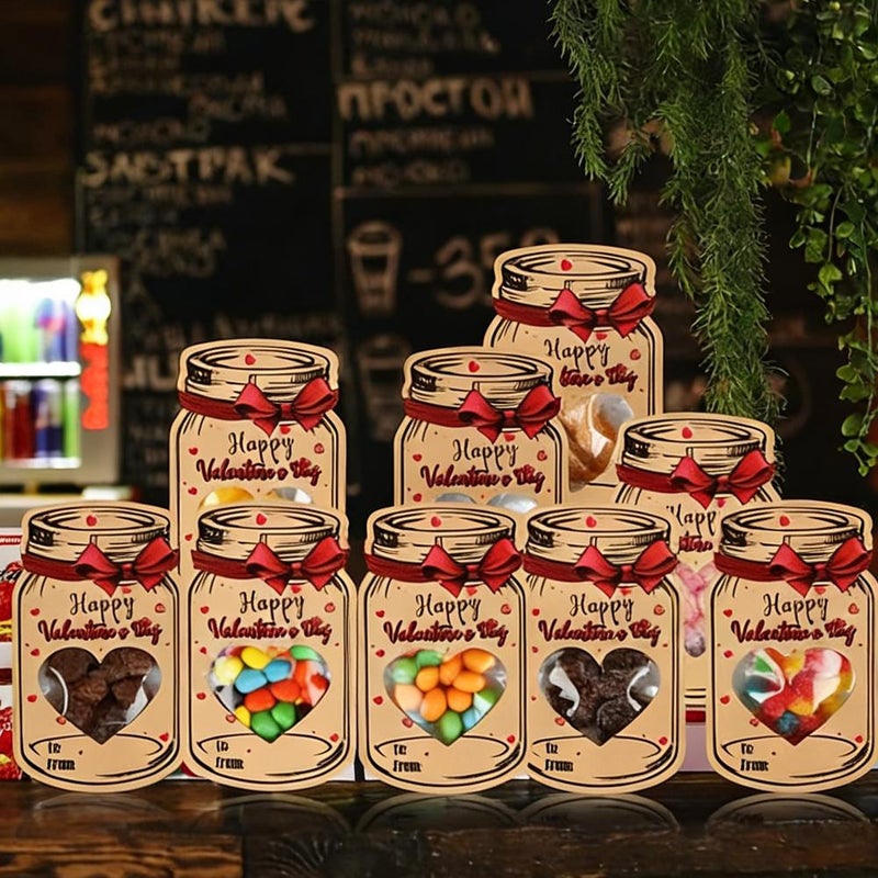 Valentines Day Cards for Kids School,50PACK DIY Happy Valentines Day Mason Jar Cards w/ Treat Bags,Funny Face Mason Jar Valentine Gift Card for Boys Girls School Class Classroom Exchange Party Favors - Image 2